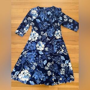 Soft Surroundings XL Blue Floral Stretchy Faux Wrap Style Dress